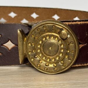 Mens Brown 39” Vineyard Vines Raw Edge Leather belt Brass Reel Buckle Fishing
